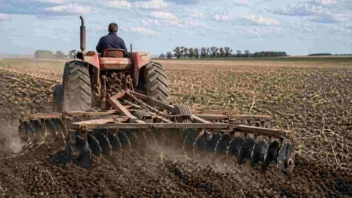 Tractor Zanello sin cabina trabajando con rastra de discos desencontrados en un campo agrícola argentino