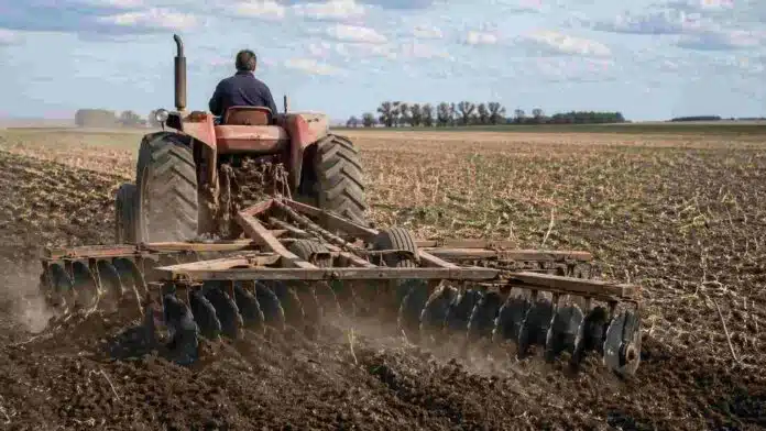 Tractor Zanello sin cabina trabajando con rastra de discos desencontrados en un campo agrícola argentino
