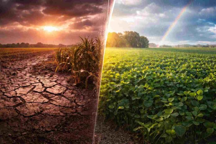 Contraste climático en campo argentino con sequía y suelo agrietado de un lado y cultivo en crecimiento bajo lluvias del otro, representando la transición de La Niña a El Niño