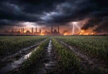 Guerra en Medio Oriente: suben los costos y se achican los márgenes del trigo argentino 2026/27 Campo de trigo en Argentina bajo cielo de tormenta con relámpagos y, en el horizonte, fuego y humo que simbolizan el conflicto en Medio Oriente y su impacto en los costos del agro