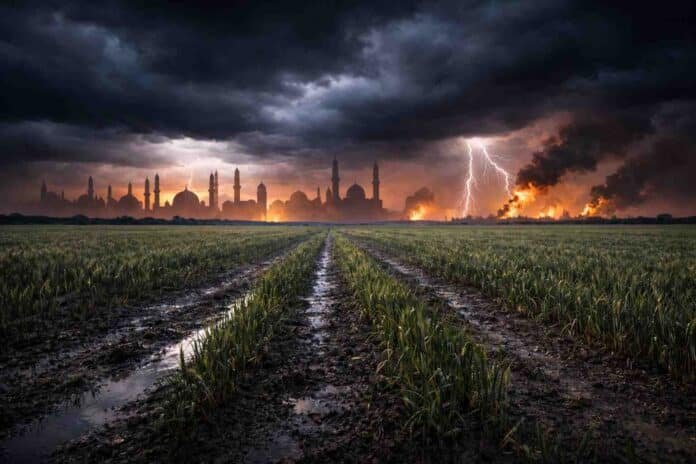Campo de trigo en Argentina bajo cielo de tormenta con relámpagos y, en el horizonte, fuego y humo que simbolizan el conflicto en Medio Oriente y su impacto en los costos del agro