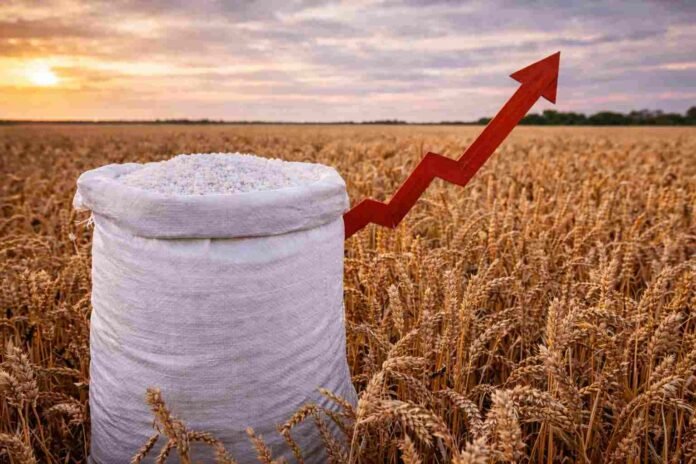 Bolsa de urea en un lote de trigo con una flecha ascendente, representando el fuerte aumento del costo de los fertilizantes y su impacto en la rentabilidad agrícola