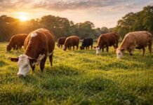 La carne a pasto gana valor: más omega 3 y antioxidantes, pero busca reconocimiento en el mercado Vacas pastando en un campo argentino durante el atardecer, representando sistemas ganaderos pastoriles y producción de carne a pasto