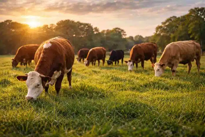 Vacas pastando en un campo argentino durante el atardecer, representando sistemas ganaderos pastoriles y producción de carne a pasto