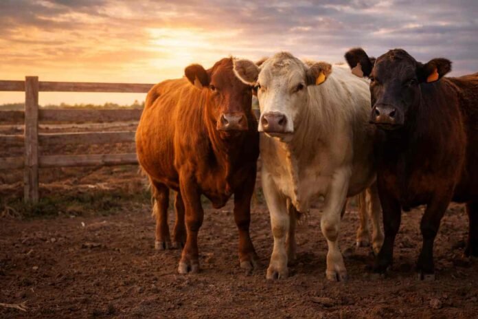 vacas-vaquillonas-ganaderia-cria-campo-argentino-ruralnet Vacas y vaquillonas en corral en un establecimiento ganadero al atardecer, representando el negocio de la cría y la reposición de vientres en Argentina.