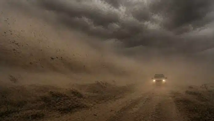 Vehículo avanzando con baja visibilidad por ráfagas intensas de viento y polvo sobre una ruta rural en la Patagonia, reflejando condiciones extremas que afectan la circulación y el trabajo en el campo.