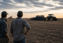 La confianza del campo cayó 16% en dos meses: costos en alza, inversiones frenadas y cautela para sembrar trigo Dos productores rurales conversan de espaldas frente a un campo en barbecho con tractor y sembradora detenidos, reflejando incertidumbre económica y caída de la confianza en el agro argentino.