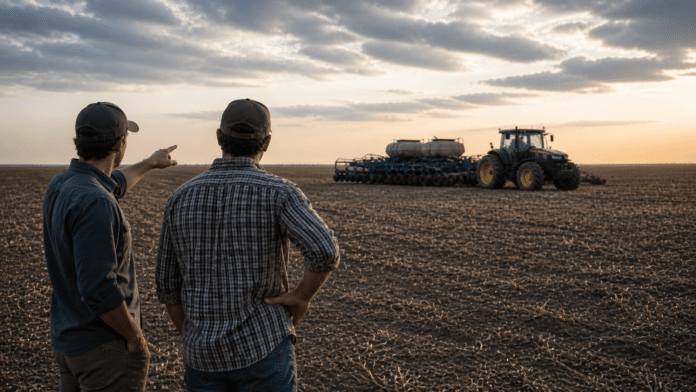 Dos productores rurales conversan de espaldas frente a un campo en barbecho con tractor y sembradora detenidos, reflejando incertidumbre económica y caída de la confianza en el agro argentino.