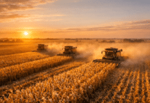 El campo argentino logró su cosecha récord: 163,2 millones de toneladas con máximos históricos en maíz, trigo y girasol Vista aérea fotorrealista de tres cosechadoras trabajando en tándem sobre un extenso campo de maíz maduro en la Pampa argentina durante la hora dorada. El sol bajo proyecta sombras largas y cálidas sobre el cultivo, mientras el polvo se eleva detrás de las máquinas, creando una atmósfera de trabajo rural intensa y cinematográfica.