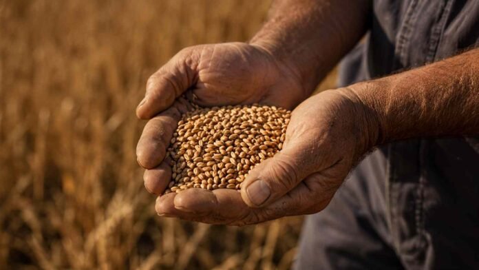 Manos de productor sosteniendo trigo al atardecer manos curtidas de un productor agropecuario sosteniendo granos de trigo
