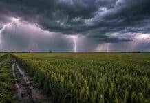 El Niño asoma en el horizonte y el clima promete una campaña fina con potencial récord Campo de trigo con gran potencial de rendimiento bajo un cielo de tormenta con múltiples relámpagos. El suelo está mojado y con huellas embarradas, mientras densas nubes oscuras cubren el horizonte en una escena rural dramática.