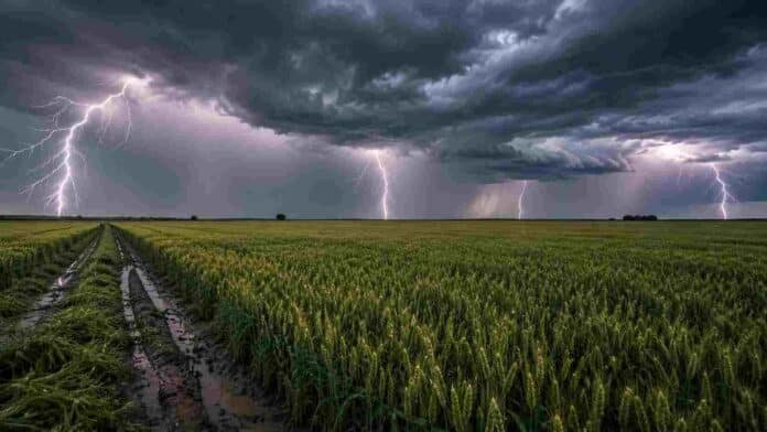 Tormenta sobre trigo de alto potencial Campo de trigo con gran potencial de rendimiento bajo un cielo de tormenta con múltiples relámpagos. El suelo está mojado y con huellas embarradas, mientras densas nubes oscuras cubren el horizonte en una escena rural dramática.