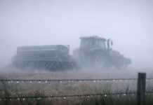 Neblinas, frío y tormentas: el tiempo del fin de semana largo en el campo Tractor Valtra sembrando trigo entre niebla pampeana al amanecer, escena rural hiperrealista y cinematográfica.