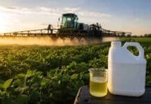 “Los agrónomos tienen una idea vaga de qué es un biológico”: la CABIO pide una materia obligatoria en las facultades Aplicación de bioinsumos en cultivo agrícola con pulverizadora trabajando al atardecer y producto biológico en primer plano sobre un lote productivo argentino