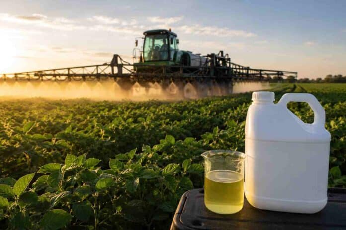 aplicacion-bioinsumo-campo-producto-biologico-ruralnet Aplicación de bioinsumos en cultivo agrícola con pulverizadora trabajando al atardecer y producto biológico en primer plano sobre un lote productivo argentino