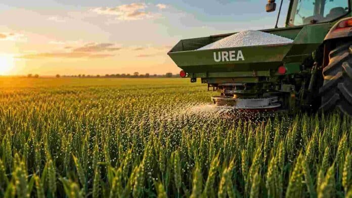 aplicacion-urea-trigo-fertilizacion-nitrogenada-compressed Aplicación de urea sobre un cultivo de trigo mediante fertilizadora agrícola en un lote de la región pampeana, con distribución uniforme de gránulos durante el atardecer.