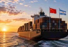 Ya partieron 9 barcos con maíz argentino a China: más de 300.000 toneladas exportadas y potencial para cubrir el 15% de las importaciones chinas Buque portacontenedores partiendo desde un puerto exportador con las banderas de Argentina y China durante el atardecer.