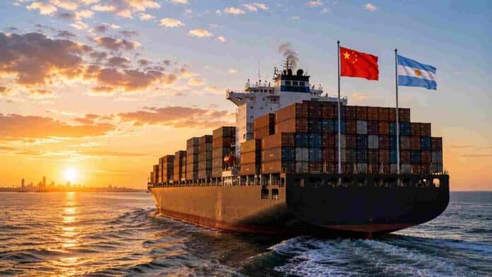 barco-exportador-argentina-china-ruralnet Buque portacontenedores partiendo desde un puerto exportador con las banderas de Argentina y China durante el atardecer.