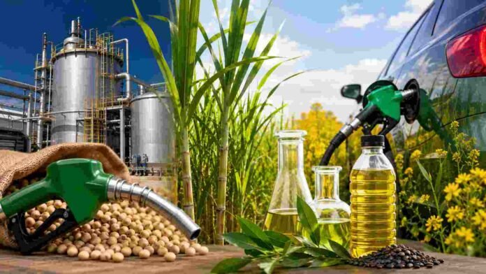 biocombustibles-argentina-biodiesel-bioetanol-ruralnet Producción de biocombustibles en Argentina con soja, caña de azúcar, planta industrial y carga de combustible renovable en un vehículo.