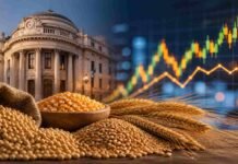 Soja y maíz subieron en Rosario tras el fin de semana largo: Chicago y el dólar traccionaron las ofertas al alza Edificio de la Bolsa de Comercio de Rosario con granos de soja, maíz y trigo en primer plano, representando el mercado y los precios agrícolas en Argentina.