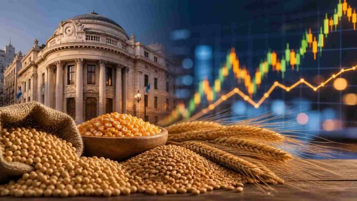 Edificio de la Bolsa de Comercio de Rosario con granos de soja, maíz y trigo en primer plano, representando el mercado y los precios agrícolas en Argentina.