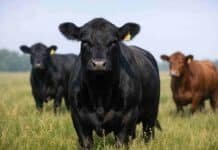 La ganadería en su mejor momento: valores históricos en la Expo Angus de Otoño Tres bovinos Angus en un campo verde, con uno negro en primer plano y otros al fondo, bajo cielo azul con nubes dispersas
