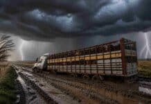 El fin de semana largo golpea fuerte: tormentas en el norte y heladas en la pampa complican al campo Camión jaula transportando hacienda Angus encajado en un camino rural con barro profundo, inclinado hacia un lado bajo una tormenta severa con lluvia y relámpagos en la pampa húmeda argentina