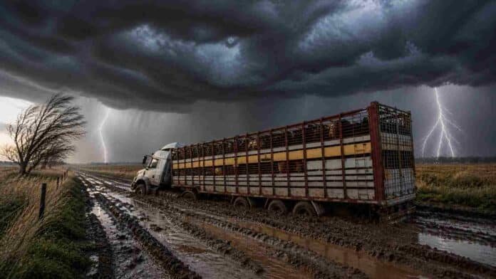 Camión jaula transportando hacienda Angus encajado en un camino rural con barro profundo, inclinado hacia un lado bajo una tormenta severa con lluvia y relámpagos en la pampa húmeda argentina