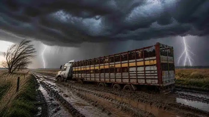 Camión jaula transportando hacienda Angus encajado en un camino rural con barro profundo, inclinado hacia un lado bajo una tormenta severa con lluvia y relámpagos en la pampa húmeda argentina