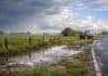 Se viene El Niño: oportunidades y riesgos para el campo argentino en 2026/27 Campo argentino con suelo húmedo y charcos tras una tormenta, con nubes oscuras y claros de sol, reflejando el fenómeno El Niño