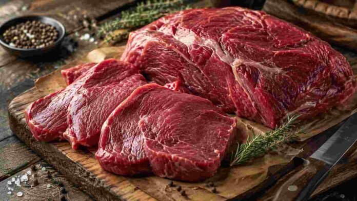 Cortes frescos de carne de búfalo sobre una tabla rústica, con hierbas y especias, listos para su preparación.