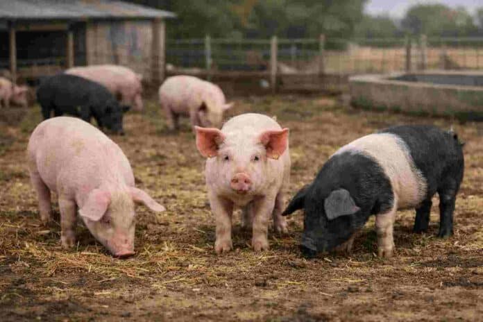 Grupo de cerdos rosados y negros en un corral rural con suelo de paja y fondo de galpón, sin elementos adicionales
