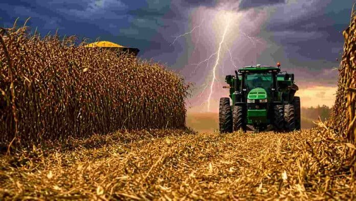 Tractor trabajando en un lote de maíz bajo un cielo de tormenta con relámpagos durante la cosecha en un campo argentino