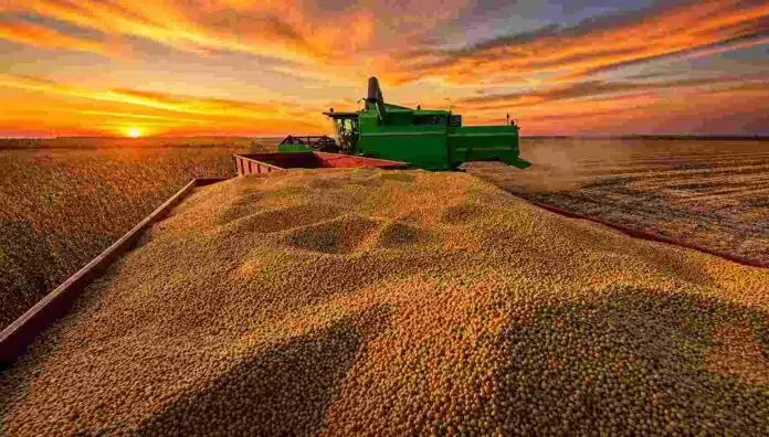Cosecha de soja con cosechadora en el campo argentino al atardecer, con granos acumulados en primer plano y el sol ocultándose en el horizonte.