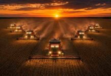 Brasil está a punto de quitarle a la Argentina un lugar que nunca había perdido en el mercado mundial de soja Vista aérea de ocho cosechadoras Massey Ferguson cosechando soja en Brasil al atardecer, avanzando en formación en V con las luces encendidas sobre un enorme lote agrícola bajo un cielo naranja intenso.