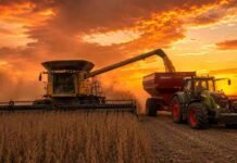 Tiempo estable pero seco: por qué la próxima semana no trae alivio hídrico para el campo Cosechadora Challenger cosechando soja en estado R7 al atardecer, descargando granos en una tolva Cestari tirada por un tractor Fendt sobre suelo seco y polvoriento.