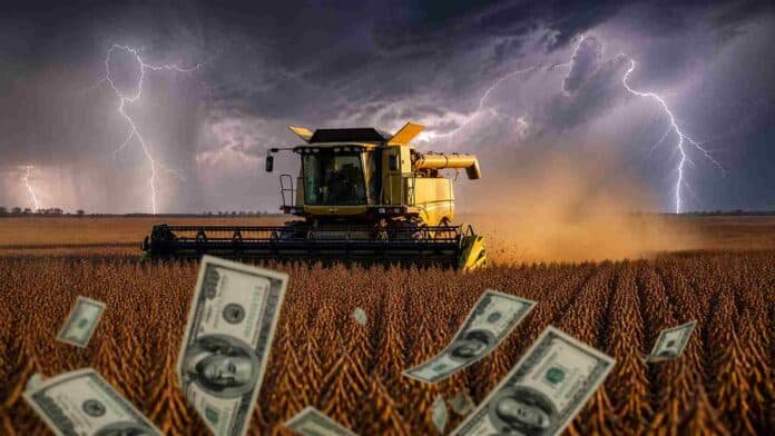 Cosechadora trabajando en un campo de soja bajo un cielo de tormenta con relámpagos, con billetes de dólares en primer plano representando el impacto económico del agro en Argentina.