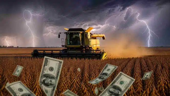 Cosechadora trabajando en un campo de soja bajo un cielo de tormenta con relámpagos, con billetes de dólares en primer plano representando el impacto económico del agro en Argentina.