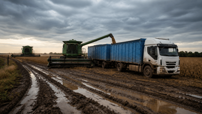 Dos cosechadoras trabajando en un lote de soja en la pampa húmeda mientras descargan granos en un camión cerealero, con camino rural embarrado y charcos bajo cielo nublado