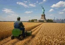 Mínima cosecha de trigo en EE.UU. desde 1972: soja y maíz también subieron en Rosario Agricultor manejando una pequeña cosechadora en un campo de trigo de Estados Unidos con la Estatua de la Libertad y el skyline de Nueva York al fondo