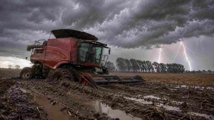 Cosechadora encajada en el barro durante una fuerte tormenta eléctrica en un campo argentino con lluvia intensa, relámpagos y suelo completamente anegado