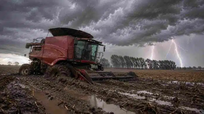 Cosechadora encajada en el barro durante una fuerte tormenta eléctrica en un campo argentino con lluvia intensa, relámpagos y suelo completamente anegado