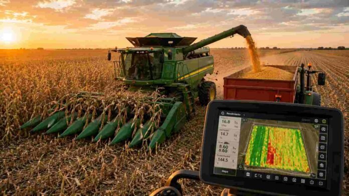 Cosechadora trabajando en un lote de maíz mientras monitorea el rendimiento y la productividad mediante agricultura de precisión en un campo argentino al atardecer.