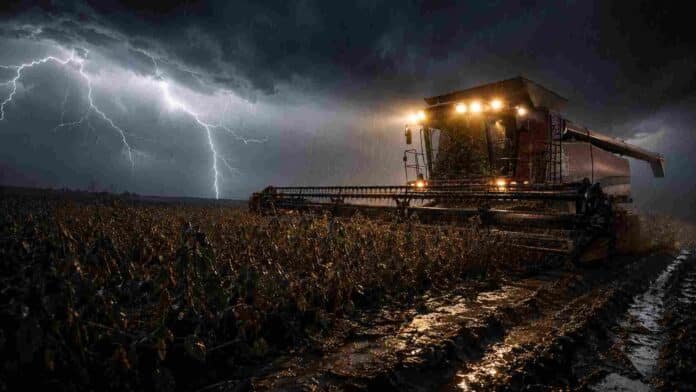 cosechadora-massey-ferguson-soja-tormenta-barro Cosechadora trabajando en un campo de soja embarrado bajo una tormenta intensa, con luces encendidas, relámpagos al fondo, lluvia fuerte y barro reflejando la luz en una escena rural dramática.