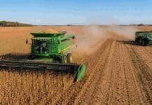 La cosecha de soja va 15% atrasada y los productores guardan el grano: la comercialización, en mínimos históricos Cosechadora trabajando sobre un lote de soja madura en la región agrícola argentina, con tractor y tolva autodescargable en plena cosecha bajo cielo despejado.