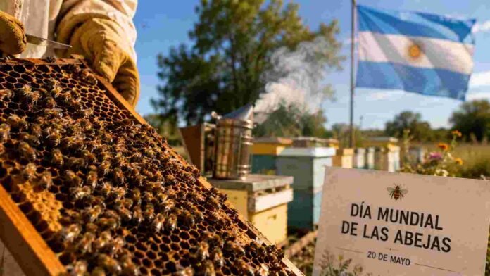 Apicultor revisando colmenas y panales en un apiario argentino durante una jornada de producción de miel y control sanitario de abejas.