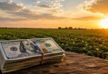 Dólar, tasas e inversiones: qué espera el mercado para el cierre de 2026 en medio de la tensión entre EE.UU. e Irán Fajo de dólares sobre una mesa de madera con un campo agrícola de fondo al atardecer, representando inversiones y negocios del agro argentino.