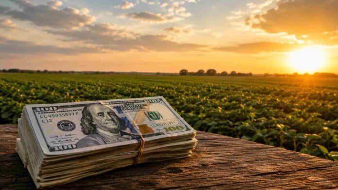 Fajo de dólares sobre una mesa de madera con un campo agrícola de fondo al atardecer, representando inversiones y negocios del agro argentino.