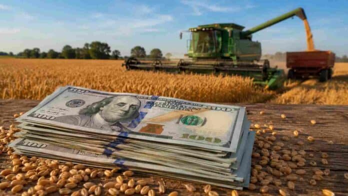 dolares-cosecha-trigo-exportaciones-ruralnet Billetes de dólar sobre una mesa rural con una cosechadora trabajando en un lote de trigo durante la campaña agrícola argentina.
