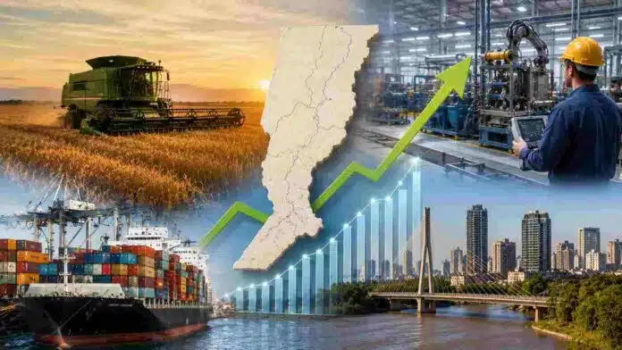 economia-santa-fe-crecimiento-agroindustria-ruralnet Escena conceptual del crecimiento económico de Santa Fe con cosecha agrícola, industria, puerto exportador y desarrollo urbano integrados en una misma imagen.